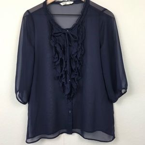 Old Navy Ruffled Button Up Blouse Tie Neck Blue M